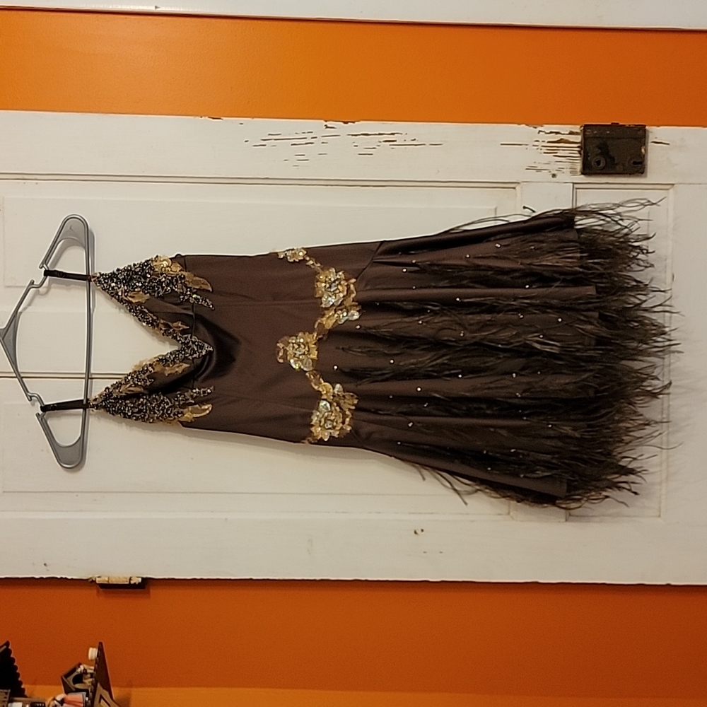 Mandalay Silk Cocktail Dress Brown Sequin and Feather 20s Inspired Slip